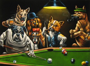 Dogs playing pool